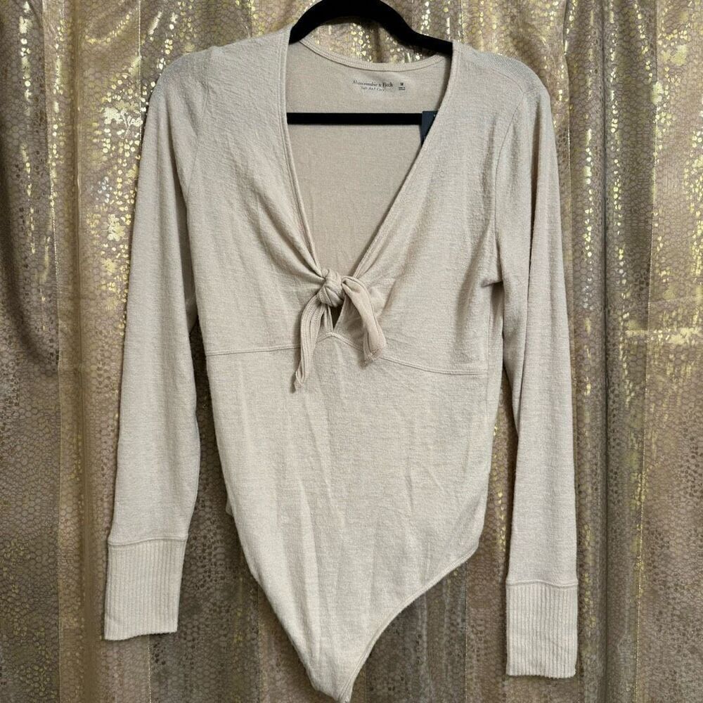 Abercrombie & Fitch Soft Cozy Tie Front Cream Long Sleeve Bodysuit M NWT